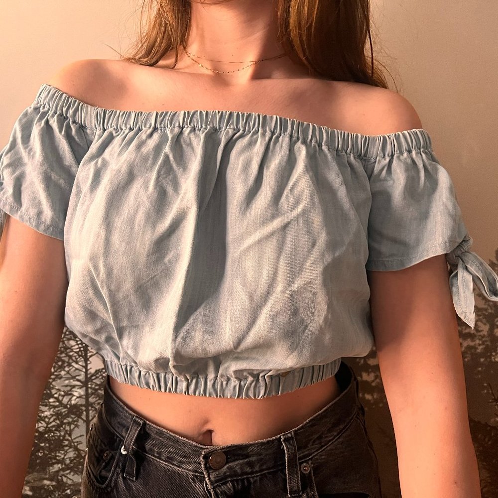 Superdry Off the Shoulder Shirt Denim Blue Color Size 6